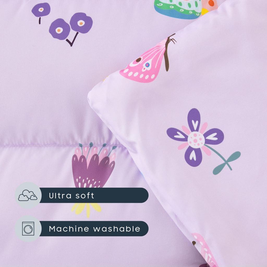 Wake In Cloud - Nap Mat with Removable Pillow for Kids Toddler Boys Girls Daycare Preschool Kindergarten Sleeping Bag, Butterfly and Flowers Printed on Purple,100% Soft Microfiber