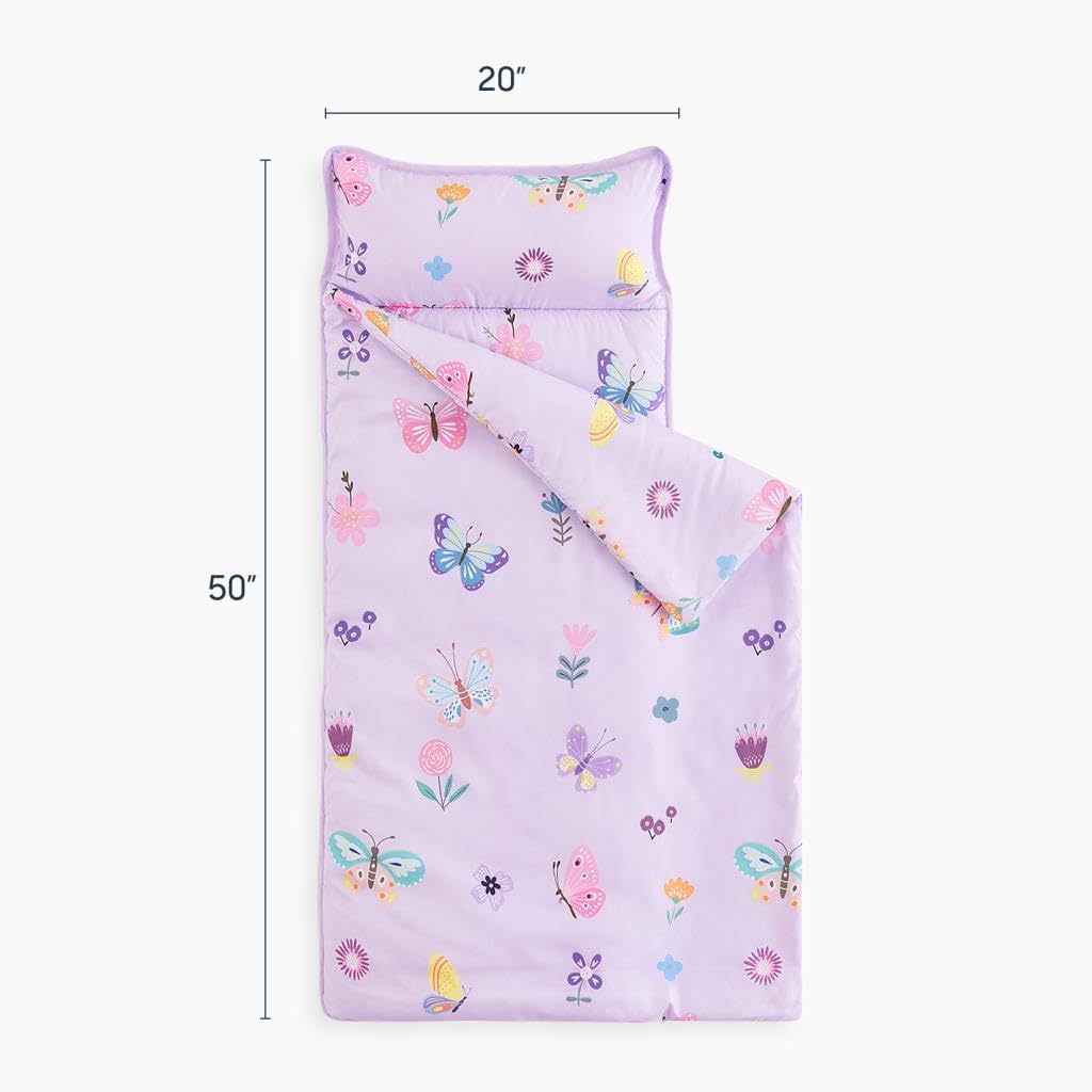 Wake In Cloud - Nap Mat with Removable Pillow for Kids Toddler Boys Girls Daycare Preschool Kindergarten Sleeping Bag, Butterfly and Flowers Printed on Purple,100% Soft Microfiber