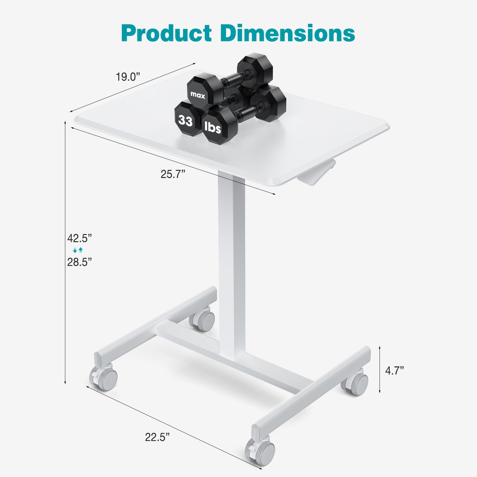 DUMOS Standing Height, Mobile Portable Rolling Laptop Wheels Small Adjustable Desk for Home Office, 19in, White