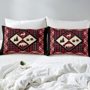 Erosebridal Lodge Duvet Cover Queen Diamond Bear Deer Lodge Bedding Set for Adult Rustic Cabin Country Plaid Check Comforter Cover Camping Bed Cover with 2 Pillow Shams Zipper&Ties,Burgundy/Black