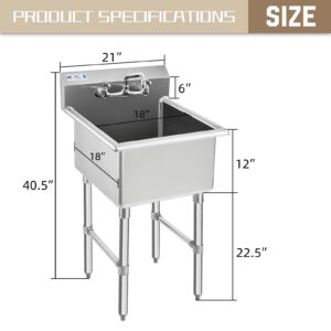 HALLY Commercial Stainless Steel Sink 1 Compartment NSF Prep & Utility Sink with 8" Faucet 18" L x 18" W x 12" D Bowl for Bar, Restaurant, Kitchen, Hotel and Home