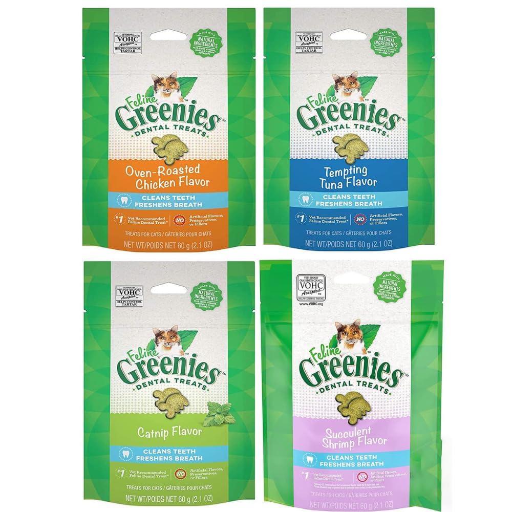 Greenies (4 Pack Feline Dental Cat Treat Variety Bundle 4 Flavors - 2.1oz Each Bag