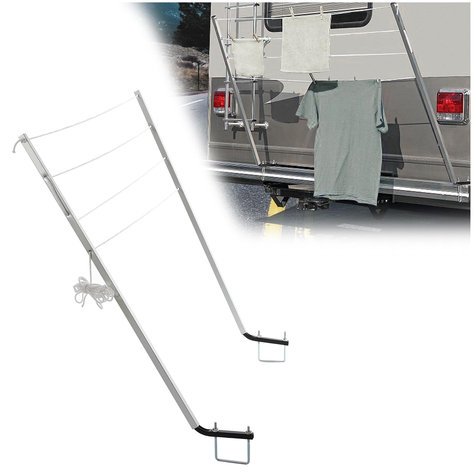 KUAFU RV Clothes Drying Rack Bumper-Mounted Clothesline Compatible with 4" Square RV Bumpers Versatile Clothes Line Aluminum Powder Coated Silvery