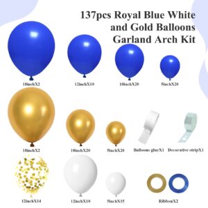 Royal Blue and Gold Balloons Arch Garland Kit, 18 12 10 5 inch Navy Blue Metallic Gold White for Graduation Decorations Class of 2024 Birthday Wedding Party Decorations