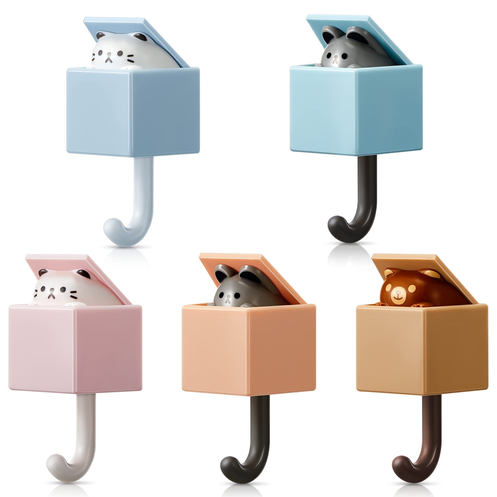 Weysat Creative Cat Key Hook (5Pcs), Cute Pet Adhesive Wall Hooks for Hat, Scarf, Towel, Bag, Waterproof ABS Material, Without Drilling, Kawaii Decorations for Home