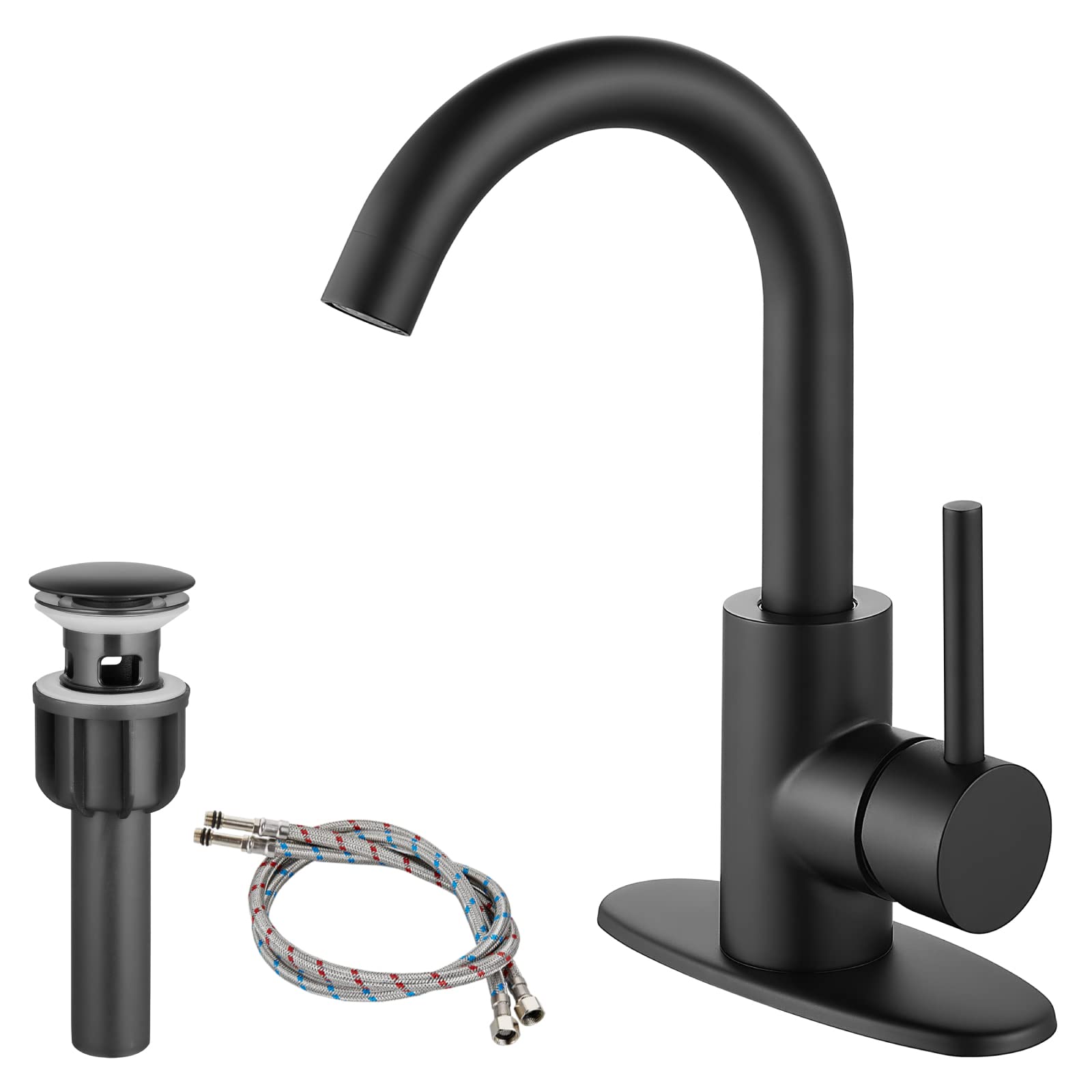 Heyalan RV Bathroom Sink Faucet,Bar Faucets Single Hole,RV Kitchen Restroom Campers Tap with Deck Plate & Drain Stainless Steel 360 Degree Rotation Spout,Matte Black,Circular Handle