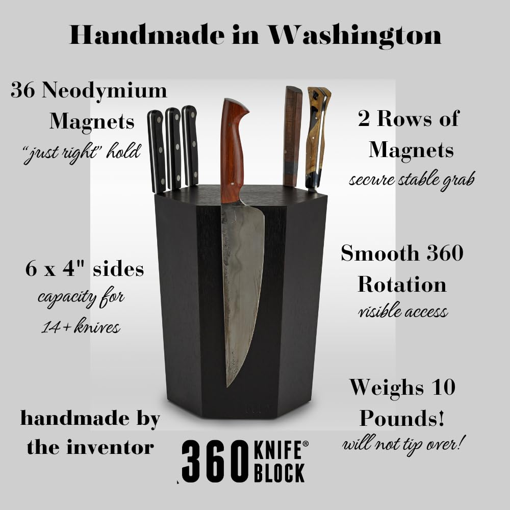 The 360KB ™ (Black) magnetic rotating knife block - handmade in Washington - shortest member of the 360 Knife Block ® family