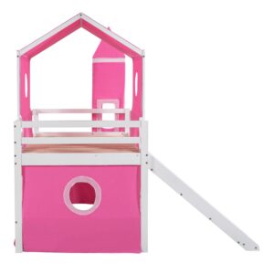 Harper & Bright Designs Full Size Kids Loft Bed with Slide and Tent, House Loft Bed Full with Tower and Ladder, Wood Loft Bed Full Playhouse Bed Frame for Boys Girls Teens (Full,Pink)