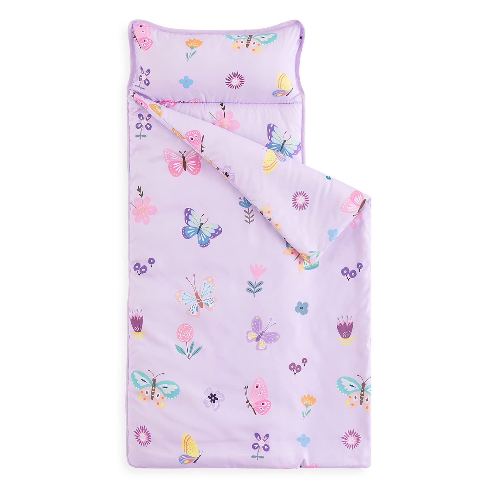 Wake In Cloud - Nap Mat with Removable Pillow for Kids Toddler Boys Girls Daycare Preschool Kindergarten Sleeping Bag, Butterfly and Flowers Printed on Purple,100% Soft Microfiber