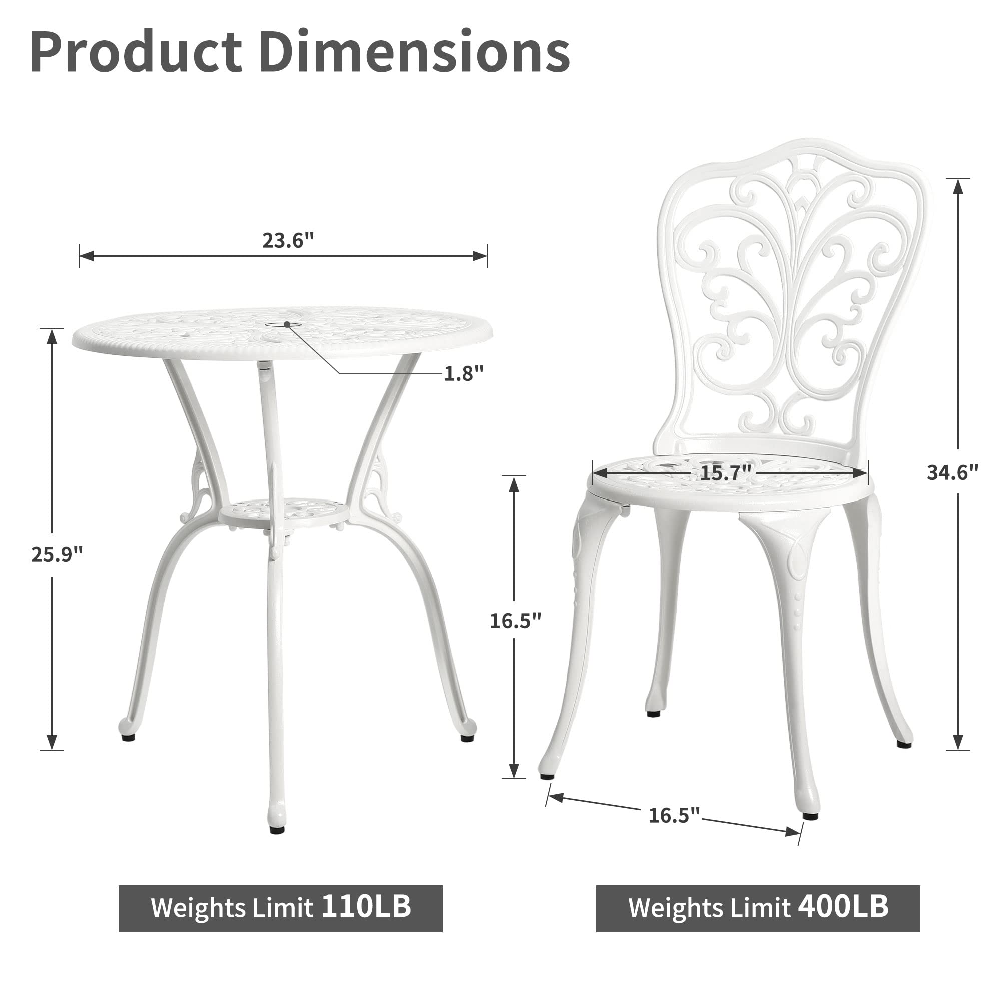 HOMEFUN Bistro Table and Chairs Set of 2 Outdoor -3 Piece Outdoor Patio Set, Butterfly Pattern Cast Aluminum Patio Bistro Set for Garden Balcony, Durable Rust All - Weather Resistance (White)