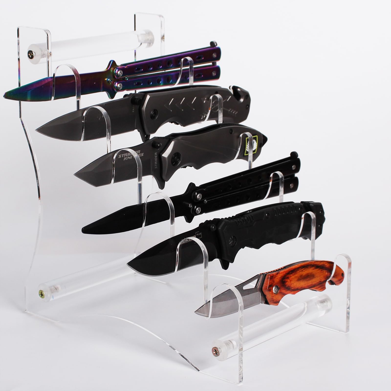 HHUXIUE Knife Display Stand，Knife Display，Acrylic Knife Display Case，Suitable for dagger, EDC, mini knife. Holds 6 pocket knives(transparent)