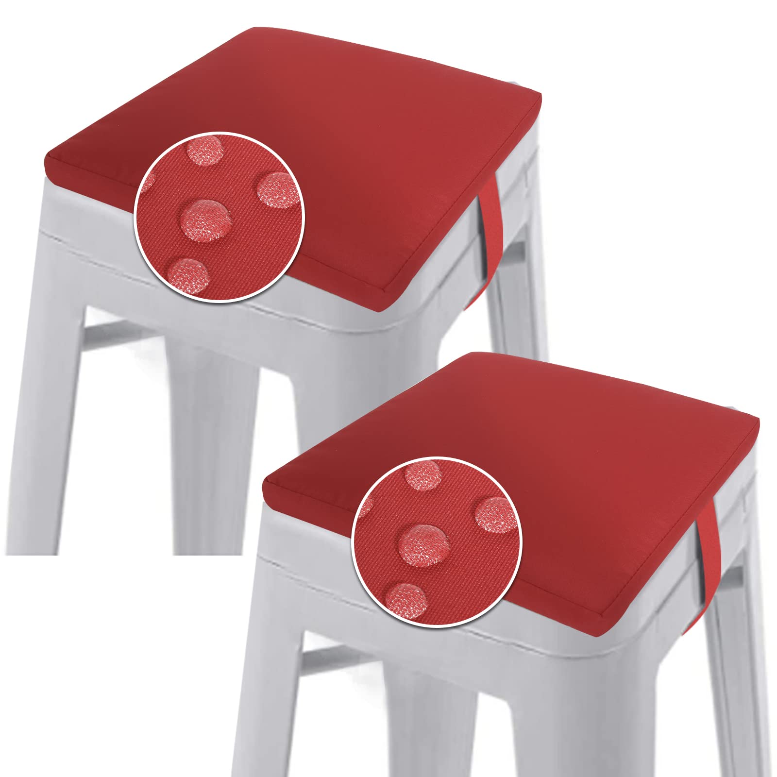 GUEGLSA Outdoor Bar Stool Cushions Square 14 Inch,Non Slip Square Seat Pad with Ties 14x14in,Waterproof Chair Cushions for Bar Stools,Cushion Only,Set of 2,(Red)