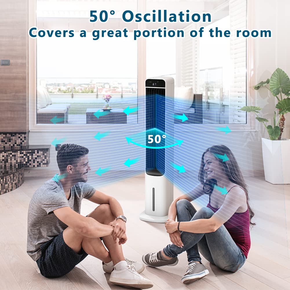 2-In-1 Evaporative Air Cooler - 41” Quiet Cooling Tower Fan Humidifier Portable Swamp Cooler with Bladeless Design, 60° Oscillation, Remote Control, 3 Modes and 3 Wind Speeds, 12H Timer, 4 Ice Boxes