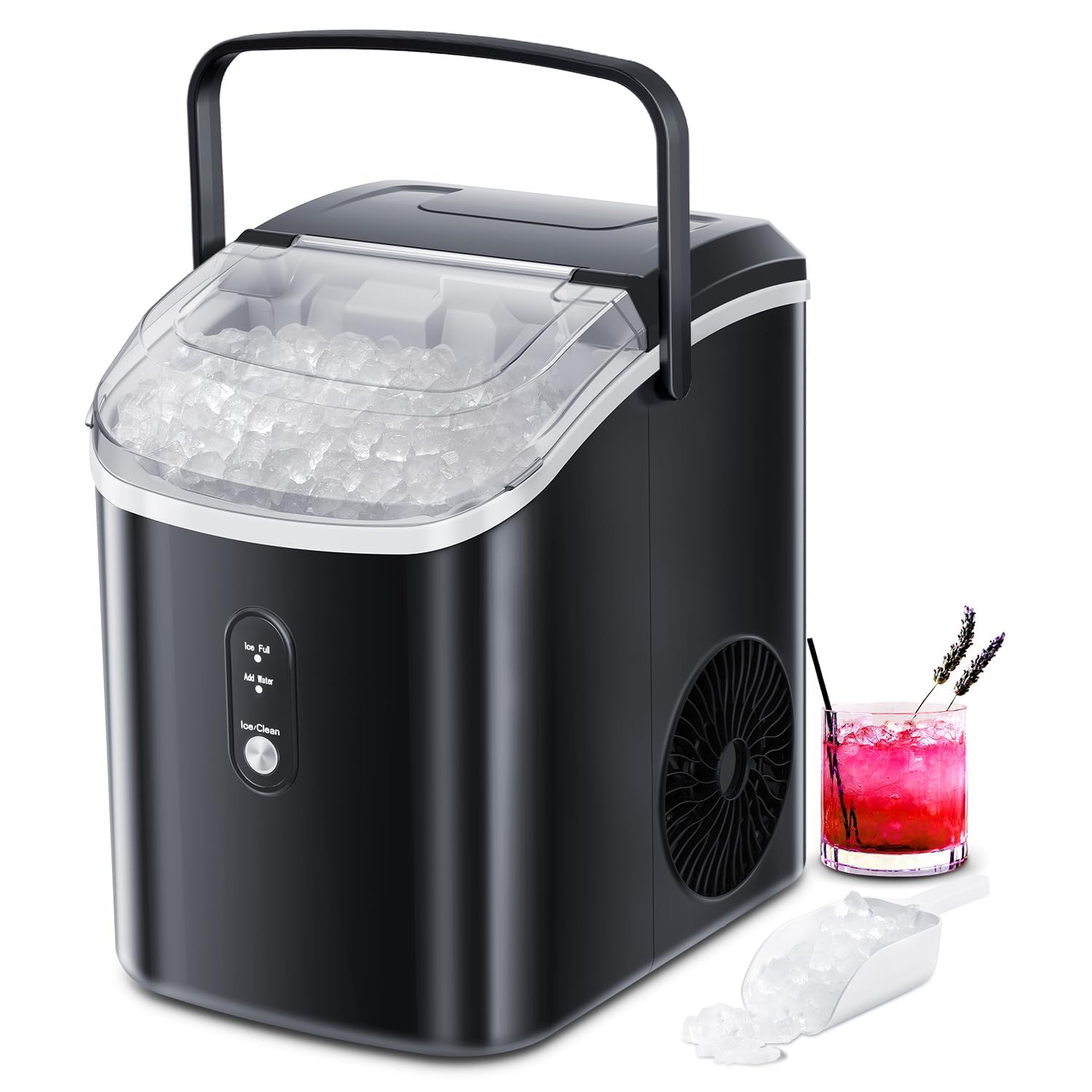 Nugget Ice Makers Countertop, Crushed Ice Maker with 35Lbs/24H,Soft Chewable Ice, Pebble Ice Maker with Self-Cleaning, Ice Scoop and Ice Basket,for Home,Office,Kitchen,Stainless Steel (Black)