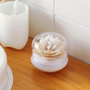 Cotton Swab Holder with Lid,Lotus Shaped Cotton Swab Box,Toothpicks Storage Box Holder,Cotton Ball Holder,Flower Bathroom Decor Table Decorate (Beige)