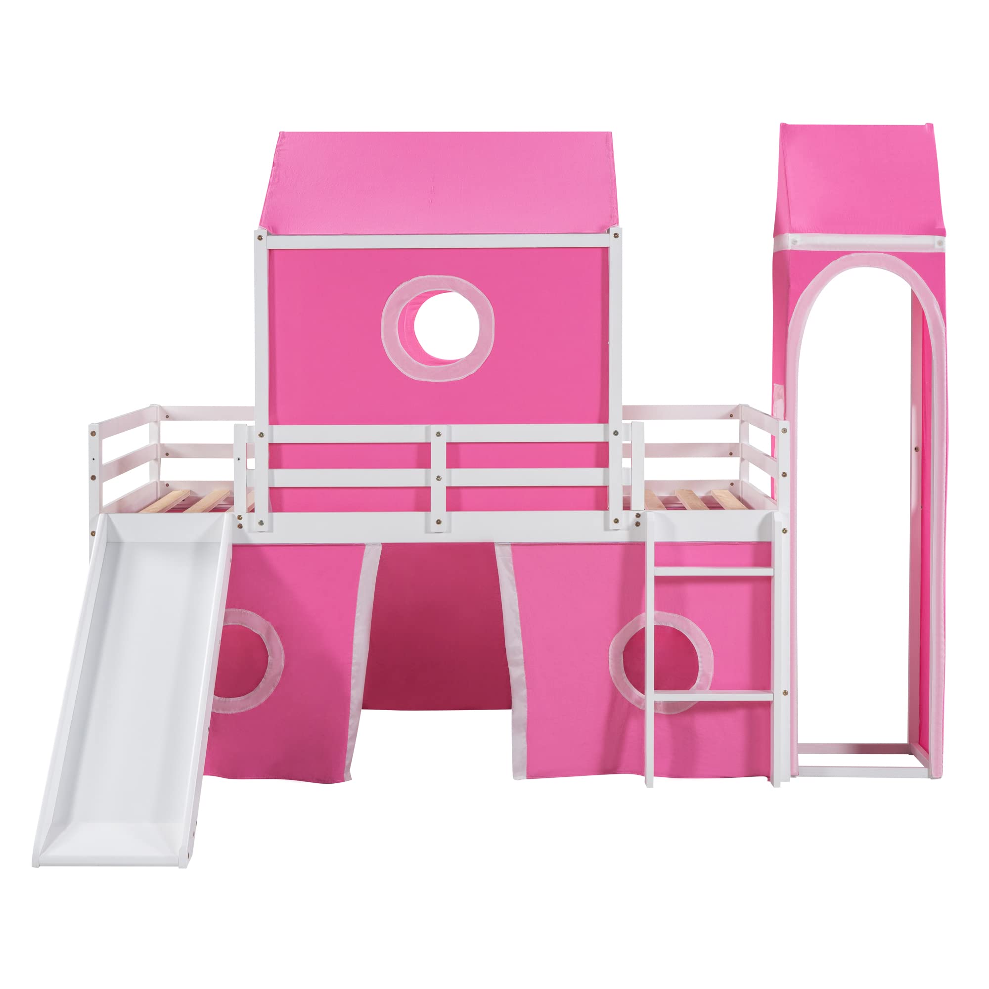 Harper & Bright Designs Full Size Kids Loft Bed with Slide and Tent, House Loft Bed Full with Tower and Ladder, Wood Loft Bed Full Playhouse Bed Frame for Boys Girls Teens (Full,Pink)