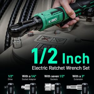 KIMO 20V Cordless Ratchet Wrench 1/2" Set, 74 Ft-lbs 400 RPM Electric Ratchet Wrench, Battery Powered Ratchet with 7 Sockets, 3" Extension Bar, 3/8" Adapter, 2-Pack Lithium-Ion Batteries, Fast Charger