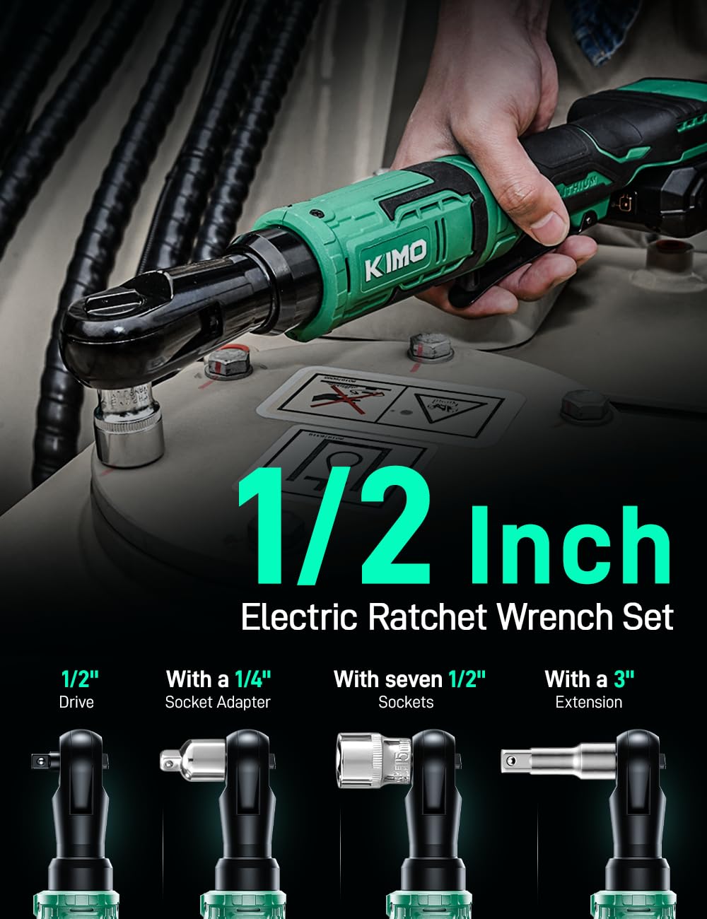 KIMO 20V Cordless Ratchet Wrench 1/2" Set, 74 Ft-lbs 400 RPM Electric Ratchet Wrench, Battery Powered Ratchet with 7 Sockets, 3" Extension Bar, 3/8" Adapter, 2-Pack Lithium-Ion Batteries, Fast Charger