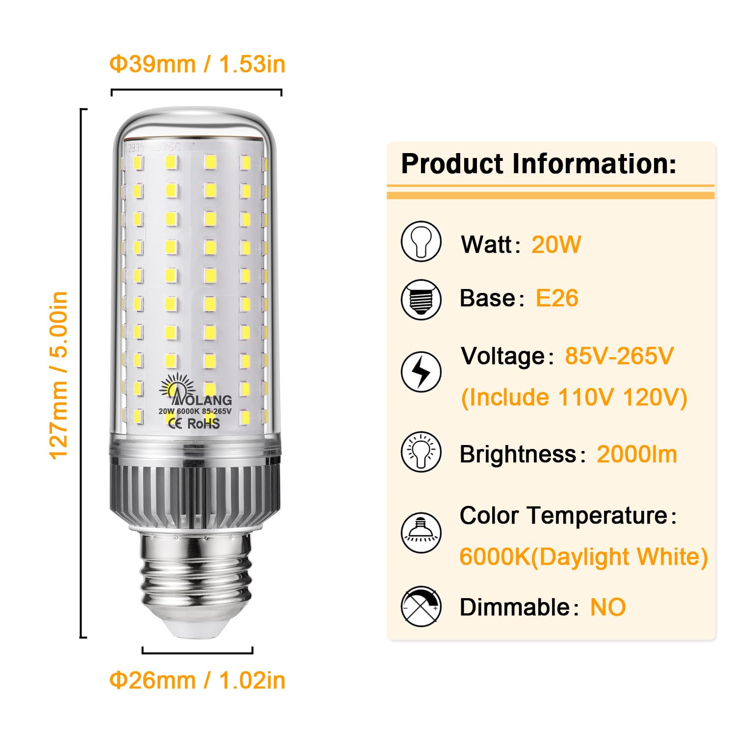 Aolang E26 LED Bulb,20W LED Corn Light Bulb 180W Equivalent 6000K Daylight White 2000LM Non-dimmable Flicker Free Ceiling Fan LED Corn Bulb for Indoor Outdoor Home Garage, 3-Pack (Daylight White)