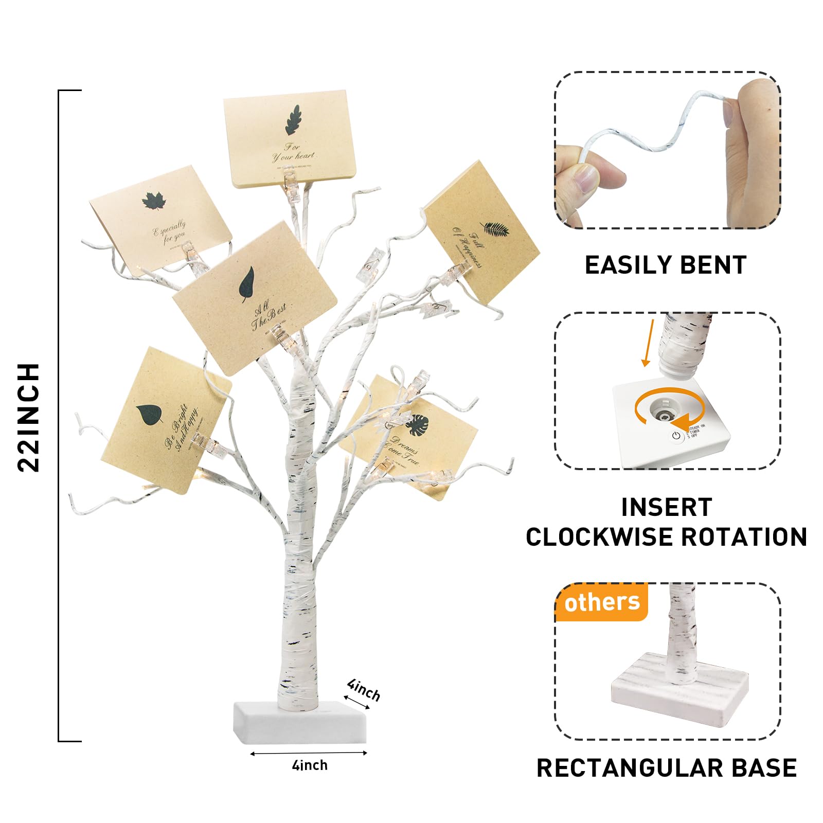 PEIDUO Money Tree, 22 Inch Gift Card Tree Holder with 6 Clips and 6 Greeting Cards, 24 Warm White Birch Tree with Lights, Christmas Tree Card Holder for Birthday Wedding Indoor Xmas Decorations