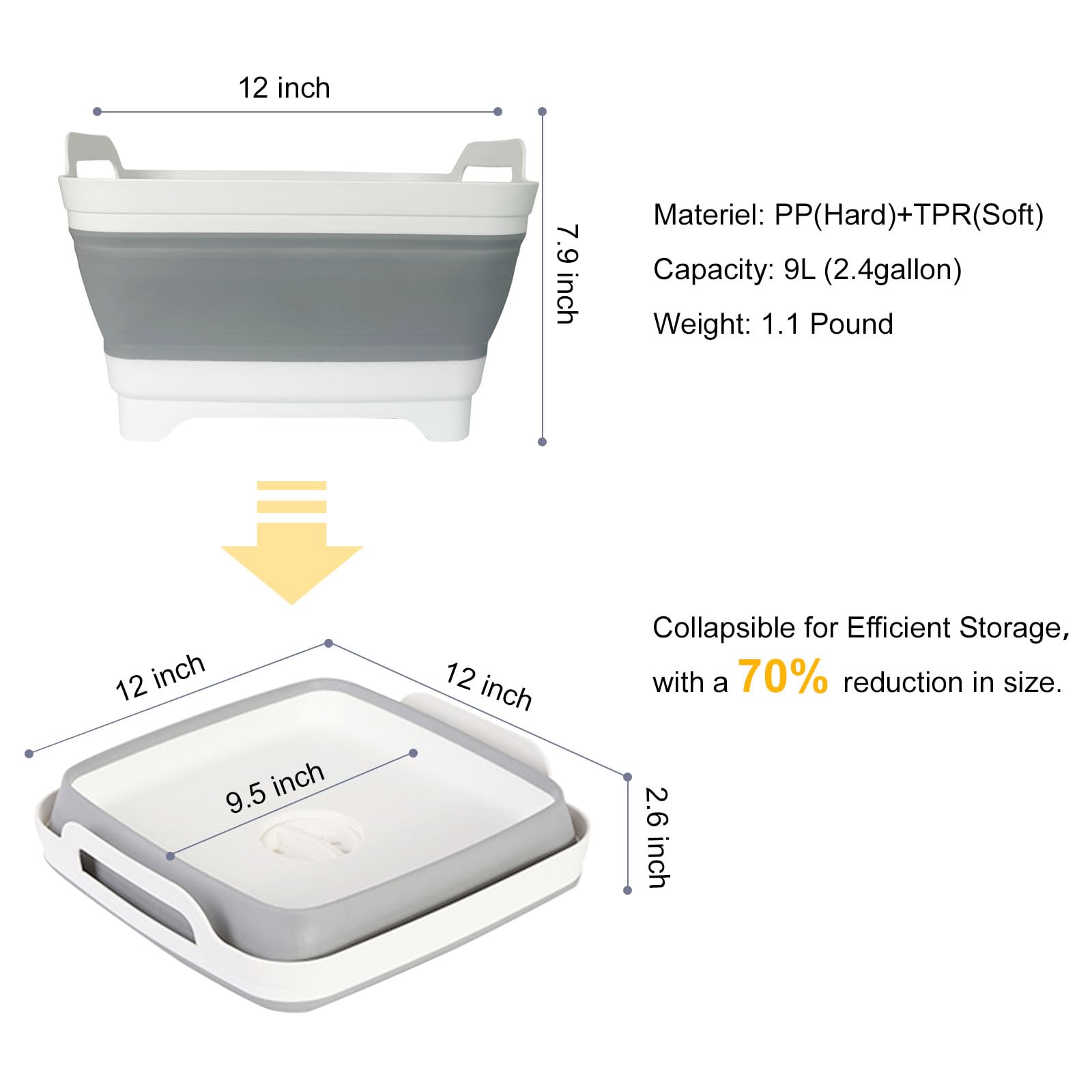 Detsuk Collapsible Dish Tub 9L-Collapsible Basin Bucket Portable Sink-Outdoor Multiuse Foldable Sink Tub Wash Dish Basin for Kitchen Sink RV Camping