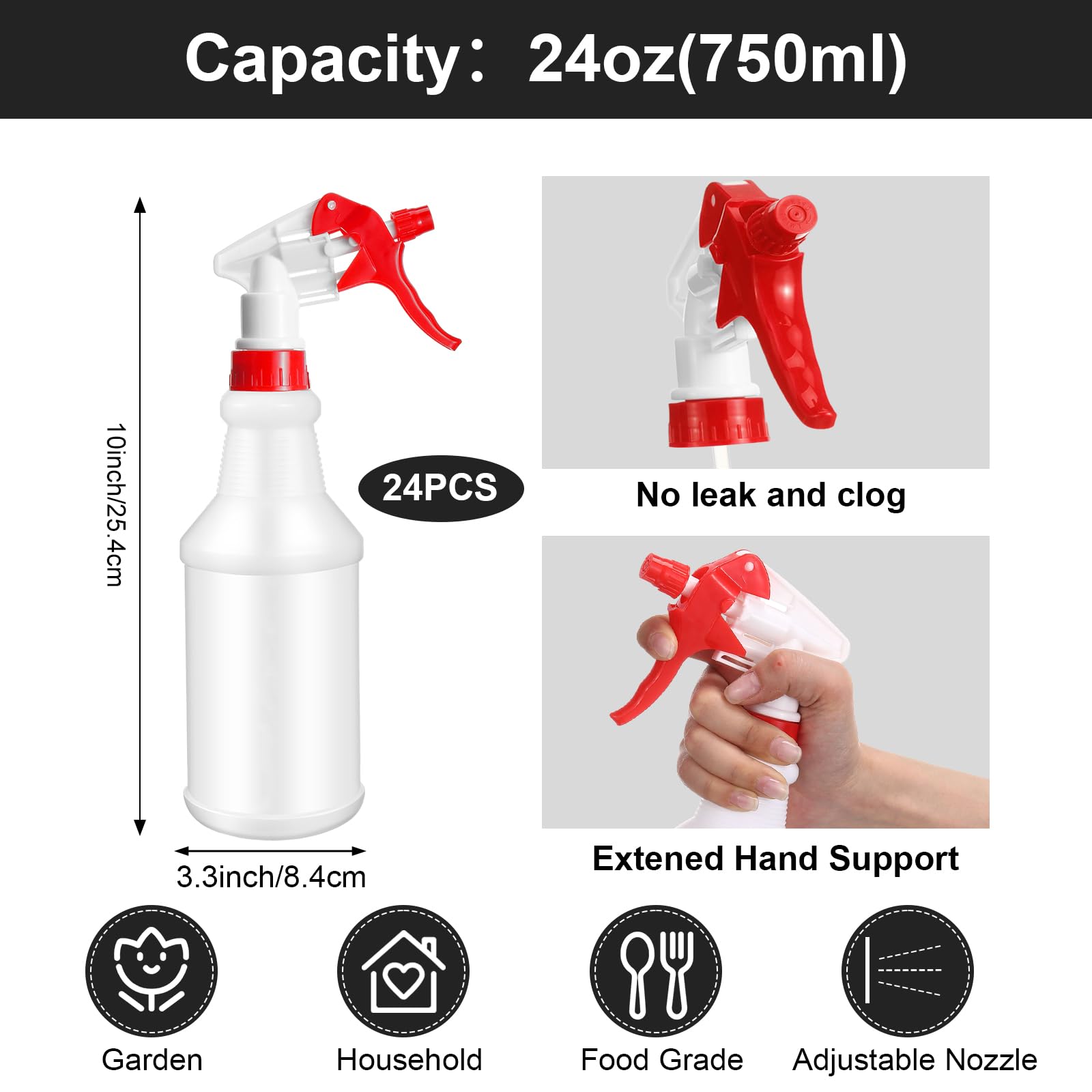 Gerrii 24 Pcs 24oz Plastic Spray Bottle Bulk, Empty Refillable Squirt Bottles for Cleaning Solution, Leak Proof Water Spray Bottle with Adjustable Nozzle and Stickers Commercial Supplies(Red)