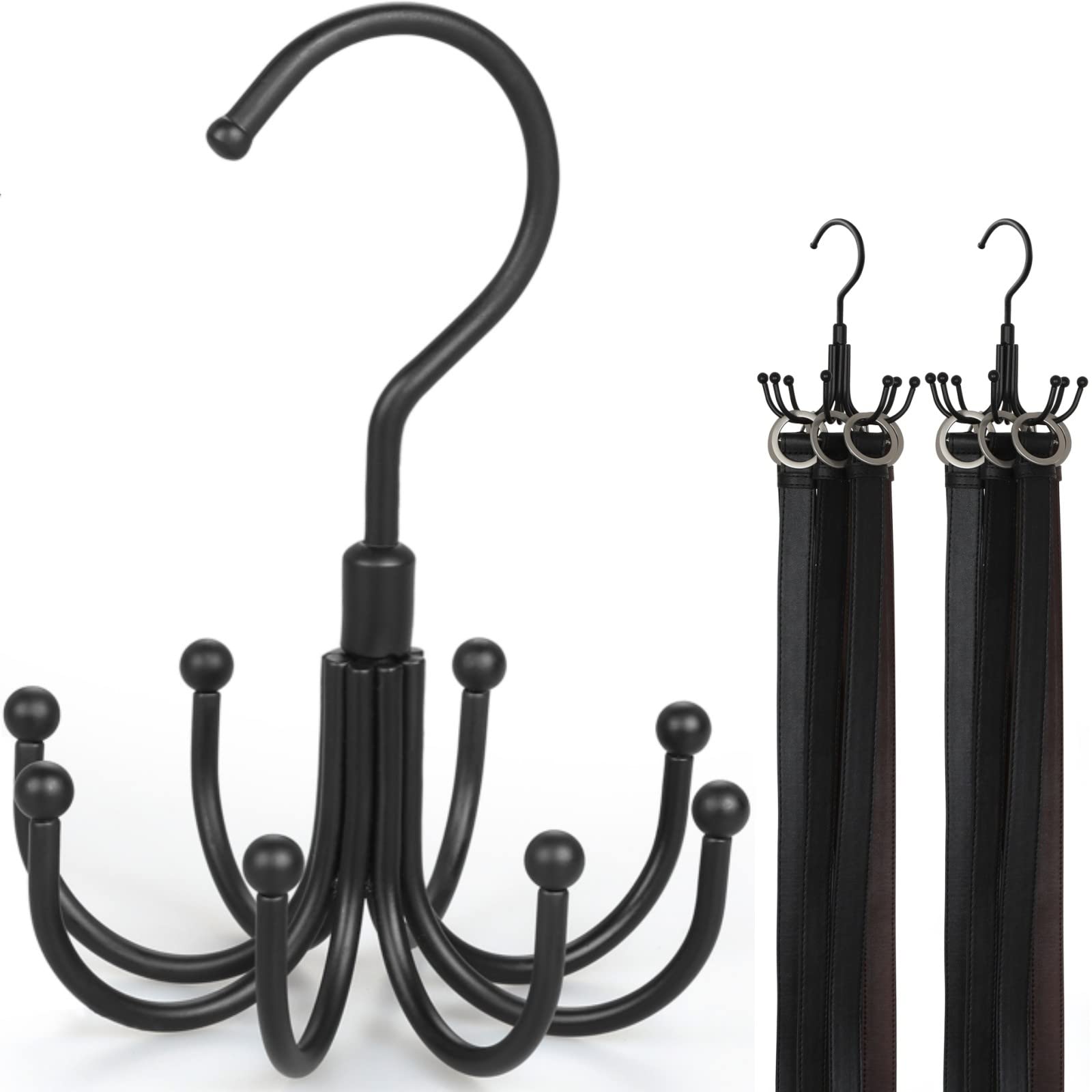 TOPIA HANGER Belt Hanger 2-Pack, 360°Rotatable Belt Organizer for Closet, Belt Rack, Accessory Organizers, Closet Storage Hook for Belt, Dog Harness, Tie, Tank Top, Bra, Purse, Scarf (8 Hooks, Black)