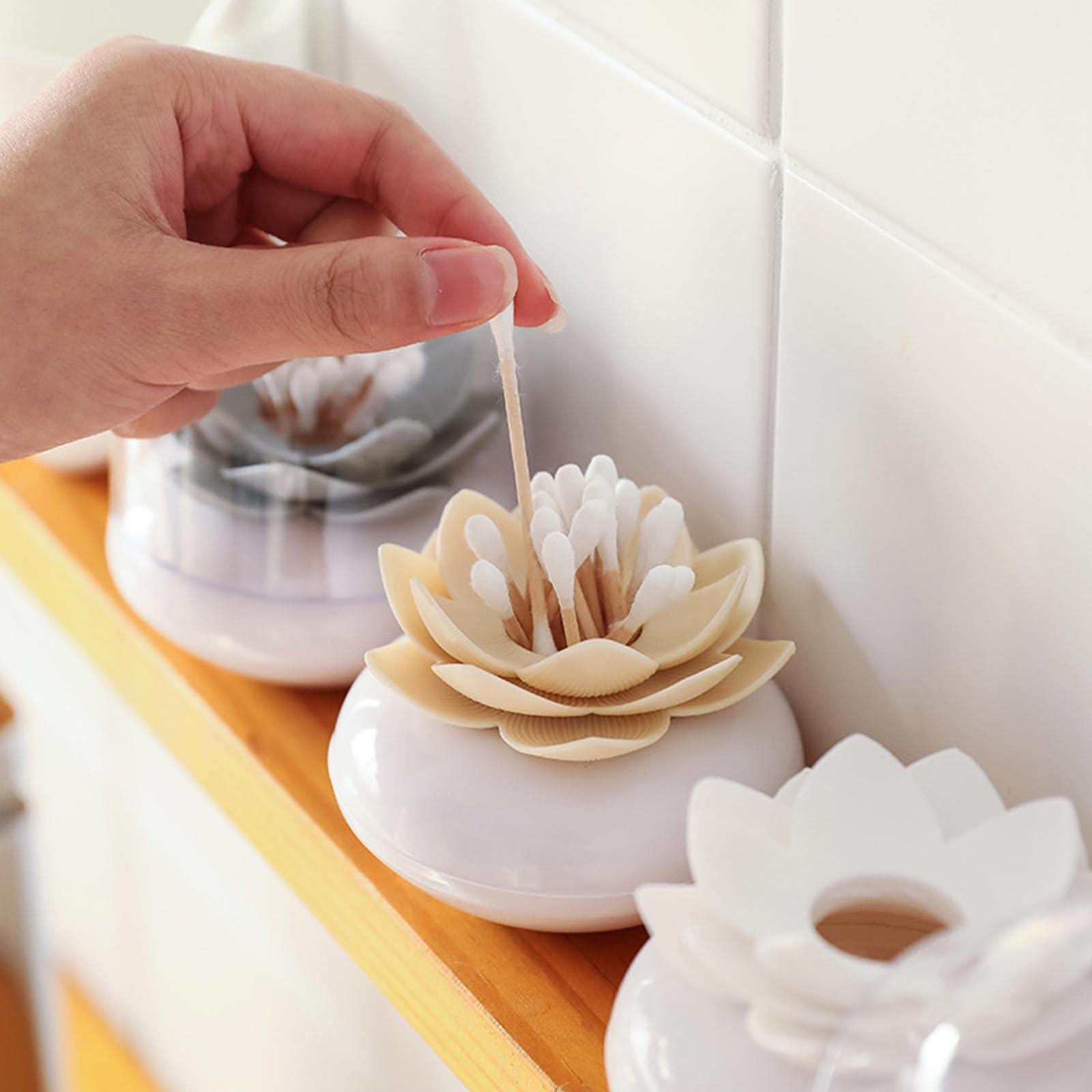 Cotton Swab Holder with Lid,Lotus Shaped Cotton Swab Box,Toothpicks Storage Box Holder,Cotton Ball Holder,Flower Bathroom Decor Table Decorate (Beige)