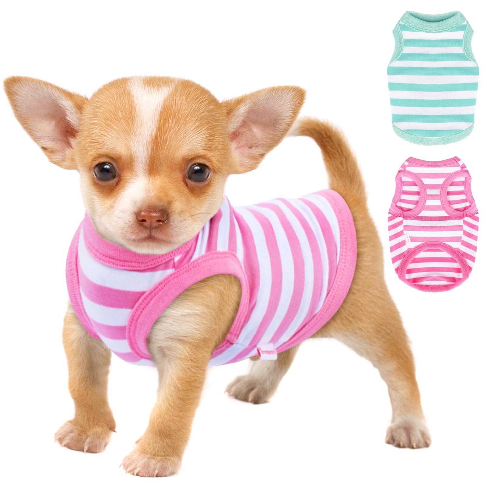 Frienperro Dog Shirt, 2-Pack Dog Clothes for Small Dogs Girl, Breathable Cotton Striped Chihuahua Clothes Boy, Sleeveless Small Pet Puppy Clothes Outfit Cat Tank Top Vest,Green & Pink XS