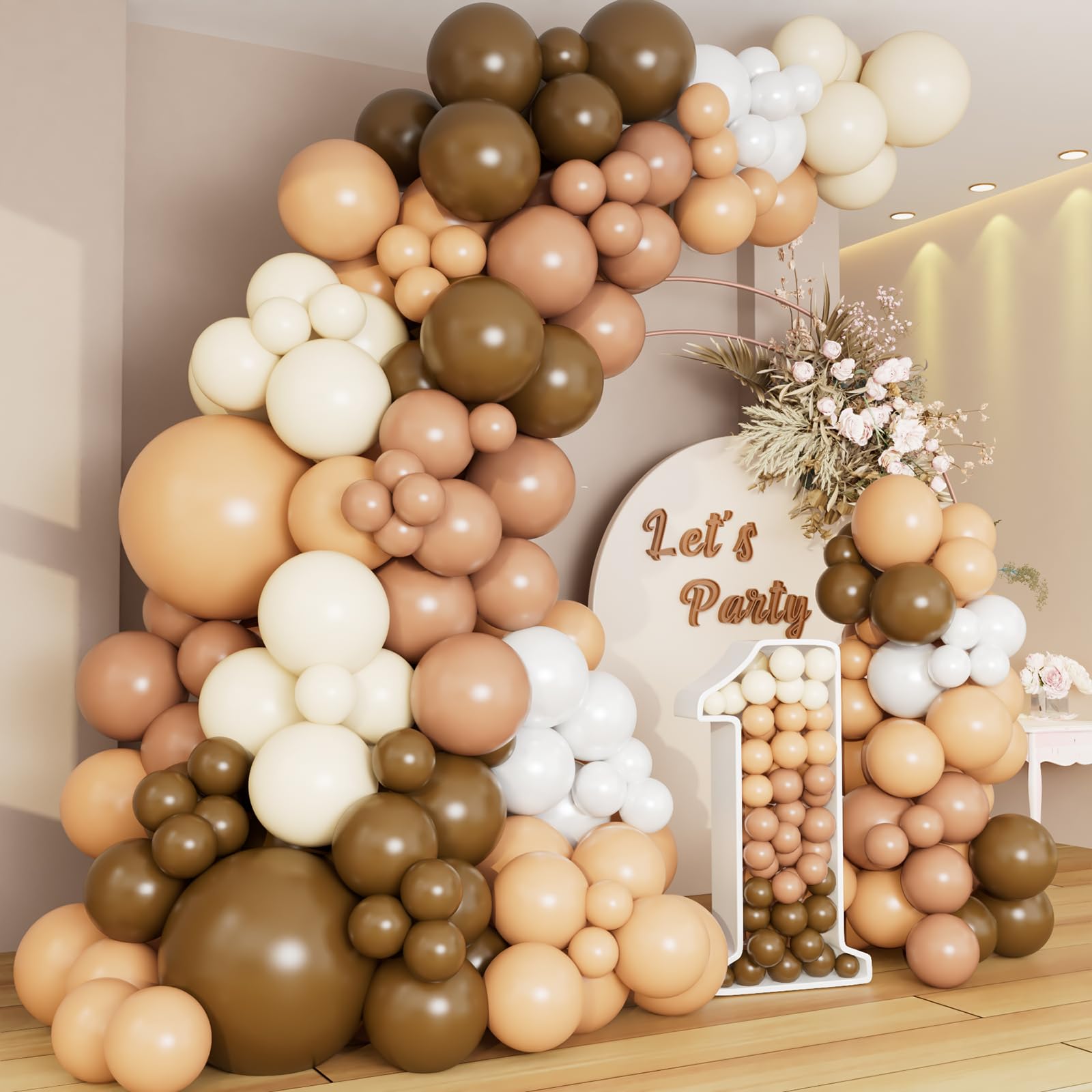 DBKL Brown Balloon Garland Arch Kit with Different Size Nude Coffee Brown Ivory White Boho Tan Neutral Balloons for Woodland Teddy Bear Baby Shower Jungle Safari Birthday Party Decorations