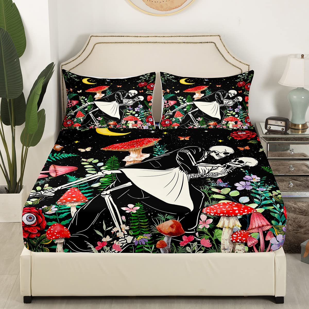 Manfei Mushroom Kids Sheet King Size,Sun Moon Starry Sky Romantic Bedding Set,Boys Girls Adults Room Decor,Butterfly Skeleton Flowers Boho Red Trippy Bed Sheet Set 4pcs(Fitted + Flat + 2 Pillowcases)