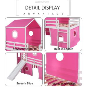 Harper & Bright Designs Full Size Kids Loft Bed with Slide and Tent, House Loft Bed Full with Tower and Ladder, Wood Loft Bed Full Playhouse Bed Frame for Boys Girls Teens (Full,Pink)