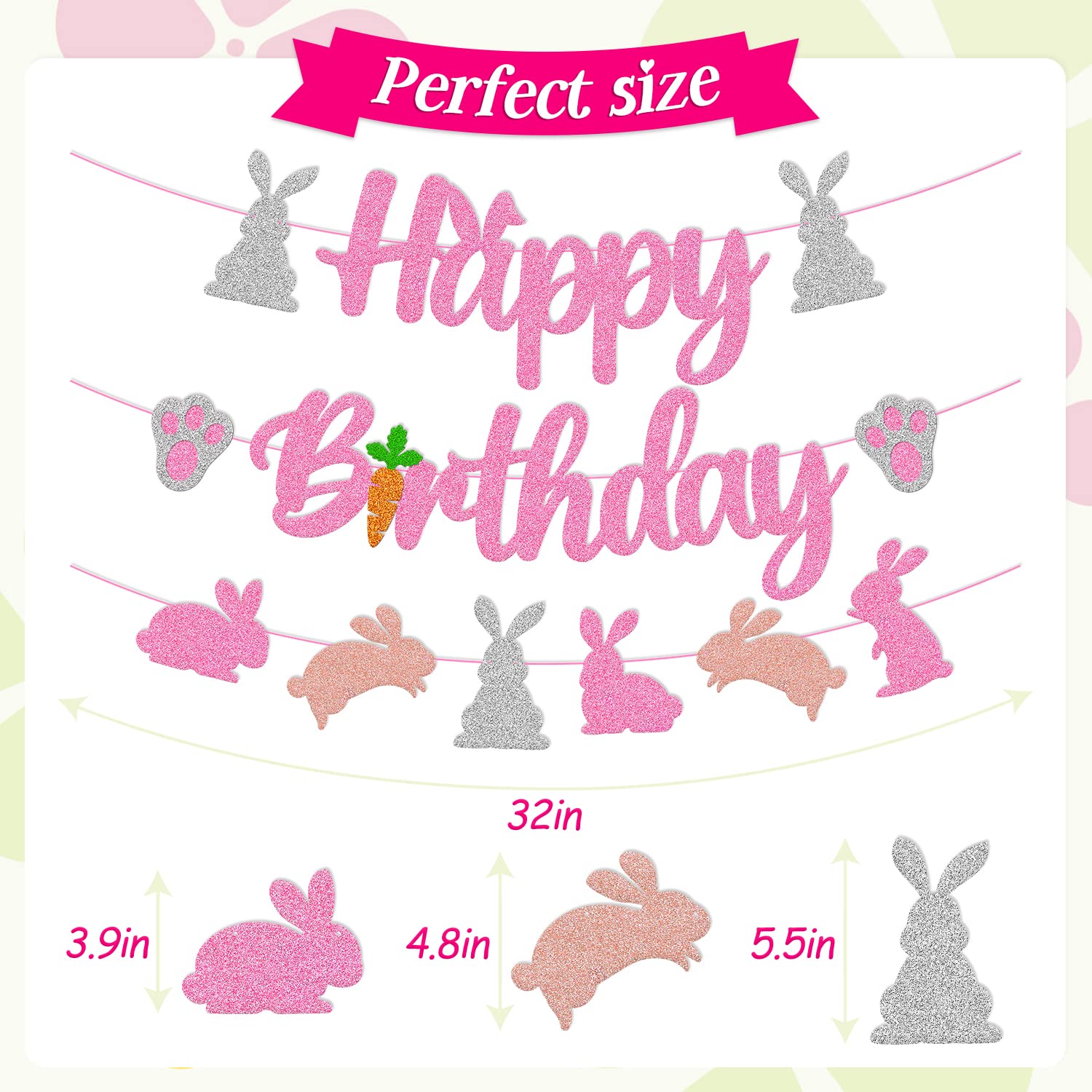 Bunny Birthday Banner Rabbit Bday Party Decorations Bunny Paw Ears Carrot Easter's Day Theme for Kids Boy Girl Baby Shower Party Supplies (Pink)