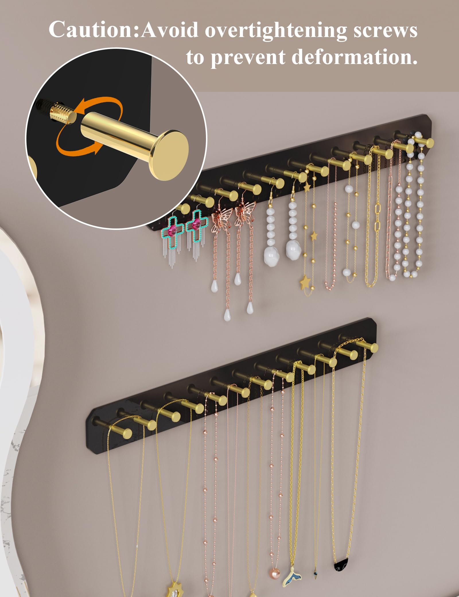 NiHome Wall Mounted Acrylic Jewelry Organizer 2-Pack, Durable Sleek Rack Strong Carbon Steel Hooks for Dressing Table, Bathroom, Kitchen, Hassle-Free Installation Multiple Mounting Options (Black)