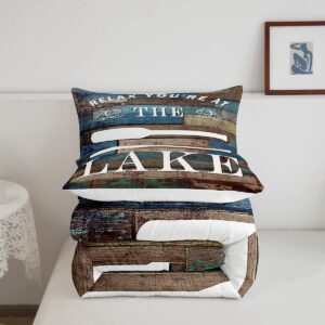 Rustic Farmhouse Comforter Set Lake House Bedding Set Queen Size Kids Boys Women Men Cabin Room Decor Retro Blue and Brown Patchwork Wooden Print Quilted Duvet Lake Life Duvet Insert,2 Pillowcases