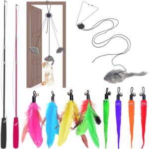 interactive cat toys set teaser feather wand, hanging door toy & multiple attachments - telescopic cat fishing pole toy for kitten