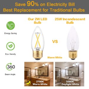 B11 E26 Candelabra LED Bulbs 25 Watt Equivalent, Dimmable LED Chandelier Light Bulbs, Soft White 3000K, 2W 200LM, Decorative Candle Filament Bulb for Ceiling Fan Pandent Lights, 3-Pack