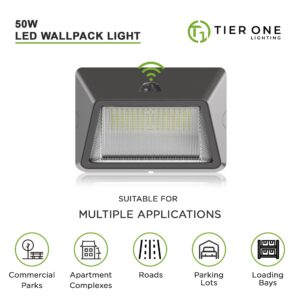 TIERONE 50W LED Wall Pack Light Dusk to Dawn Photocell Outdoor Commercial Security Area Lighting Fixture UL Listed 5500LM 4000K Daylight 400W HPS/HID Equivalent IP65 Waterproof 120-277V 2PACK