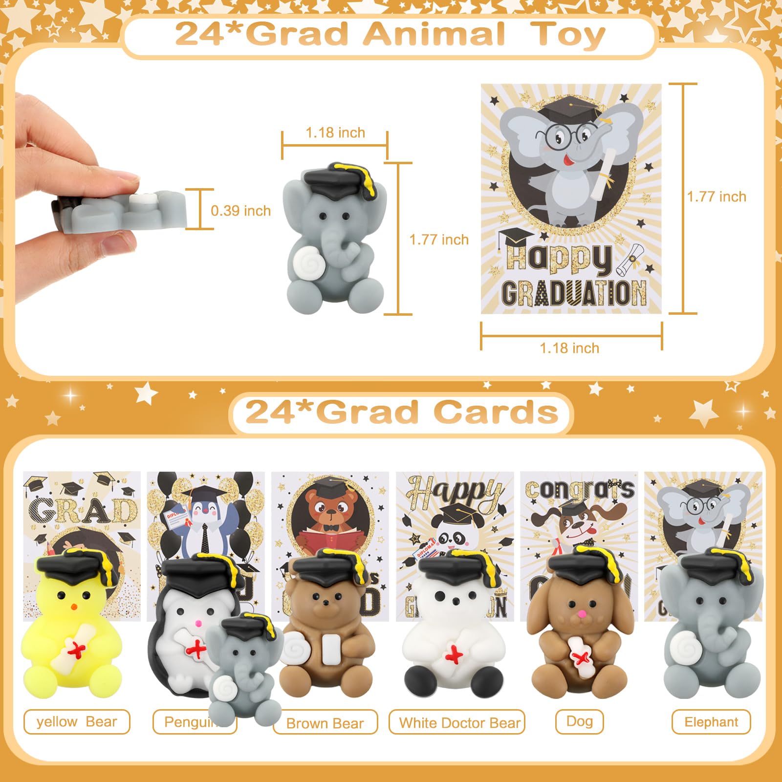 Sotiff 24 Sets Graduation Animal Toy with Cards Gift Set Graduation Party Favors Grad Animal Toy Mini Kawaii Toy Fidget Toys for School Grad Classroom Teacher Student Award