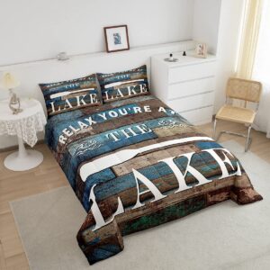 Rustic Farmhouse Comforter Set Lake House Bedding Set Queen Size Kids Boys Women Men Cabin Room Decor Retro Blue and Brown Patchwork Wooden Print Quilted Duvet Lake Life Duvet Insert,2 Pillowcases