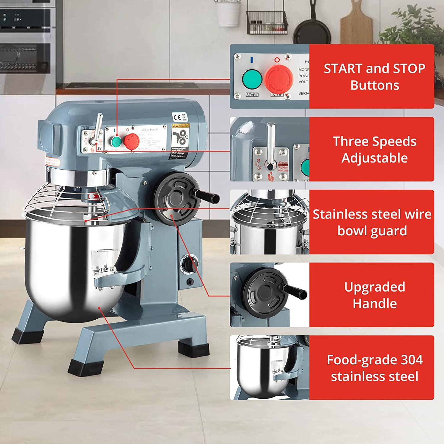 Commercial Food Mixer, Towallmark Commercial Mixer 15QT with 3 Speeds 130/233/415RPM, 600W Heavy Duty Electric Food Mixer Commercial with Stainless Steel Bowl Stand for Bakery Pizzeria Restaurant