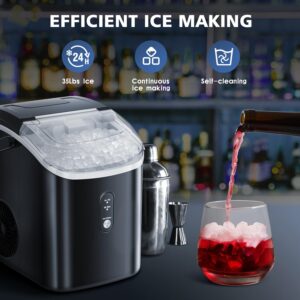 Nugget Ice Makers Countertop, Crushed Ice Maker with 35Lbs/24H,Soft Chewable Ice, Pebble Ice Maker with Self-Cleaning, Ice Scoop and Ice Basket,for Home,Office,Kitchen,Stainless Steel (Black)