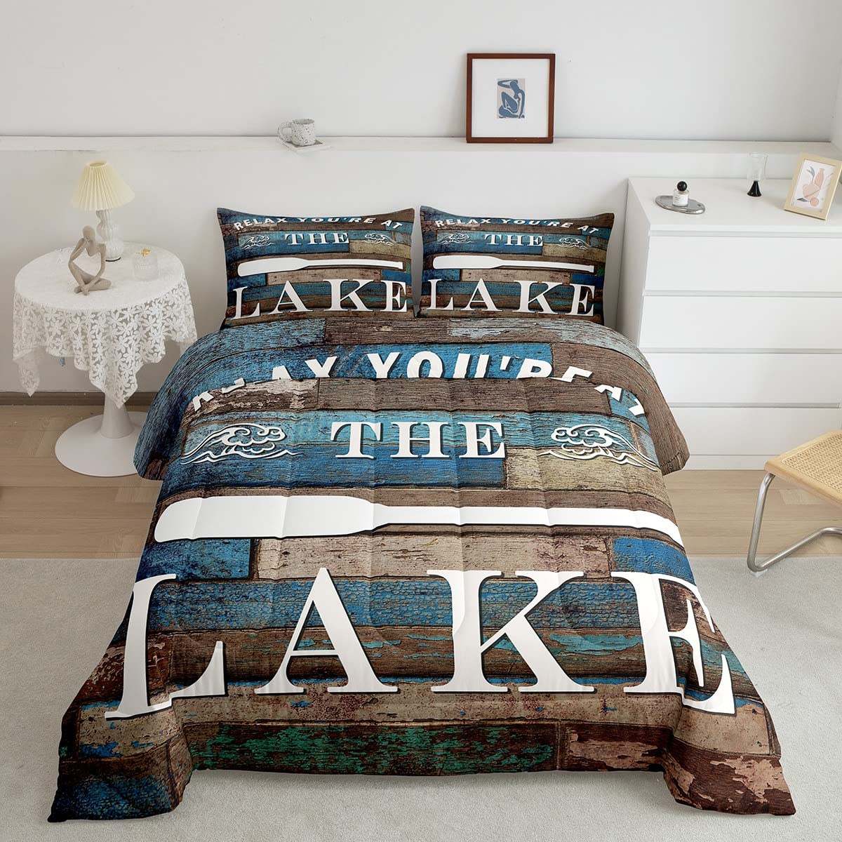 Rustic Farmhouse Comforter Set Lake House Bedding Set Queen Size Kids Boys Women Men Cabin Room Decor Retro Blue and Brown Patchwork Wooden Print Quilted Duvet Lake Life Duvet Insert,2 Pillowcases