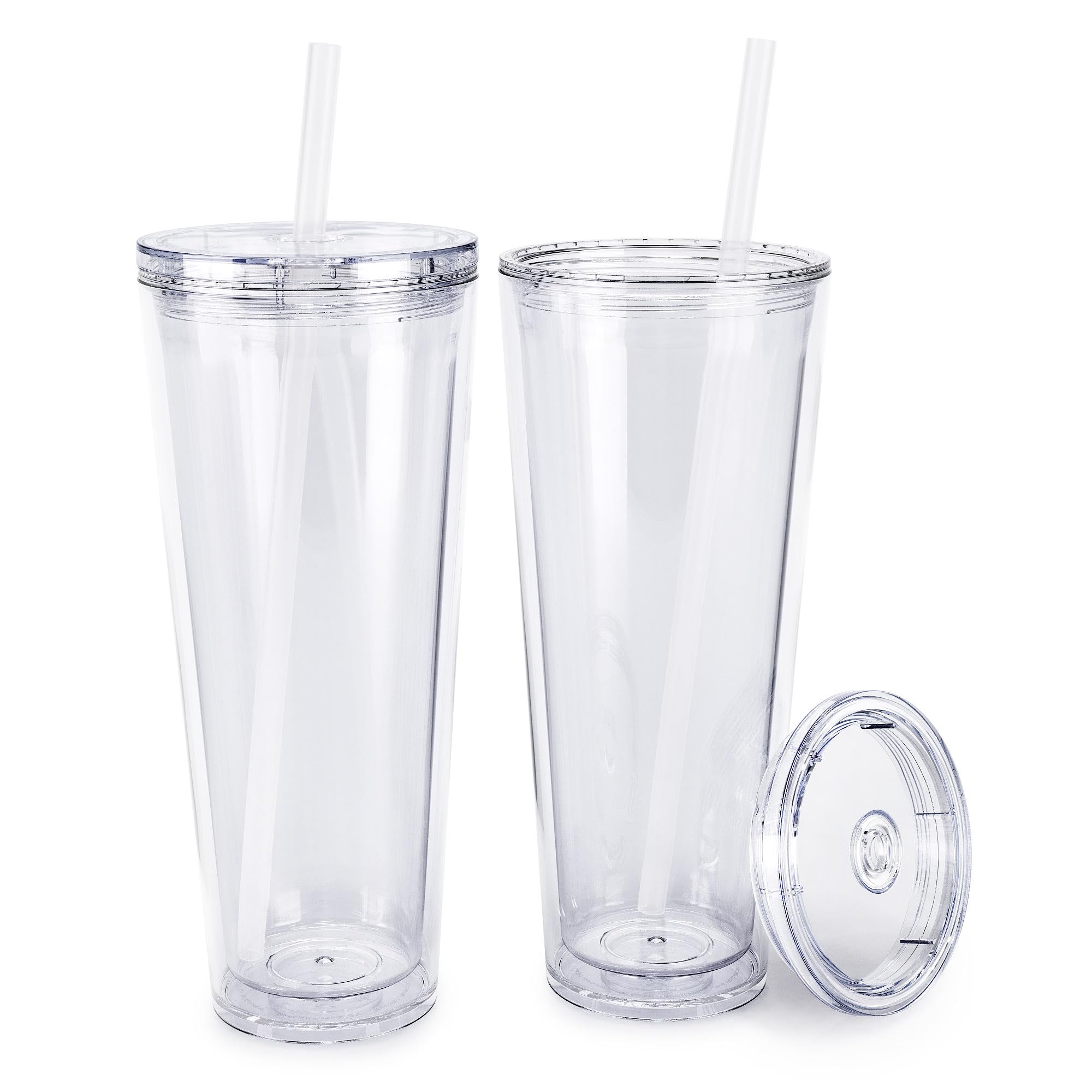 Maars Classic Acrylic Tumbler with Lid and Straw | 24oz Premium Insulated Iced Coffee Cups, Double Wall Reusable Plastic Cups - Clear, 2 Pack