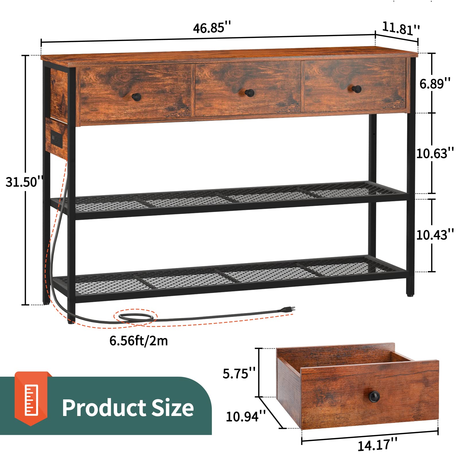 Yoobure Console Table with 3 Drawers, 47" Entryway Table with Storage Shelves, Narrow Long Sofa Table with Outlets & USB Ports, 3-Tier Entry Table, Couch Table for Living Room, Hallway, Foyer, Hall