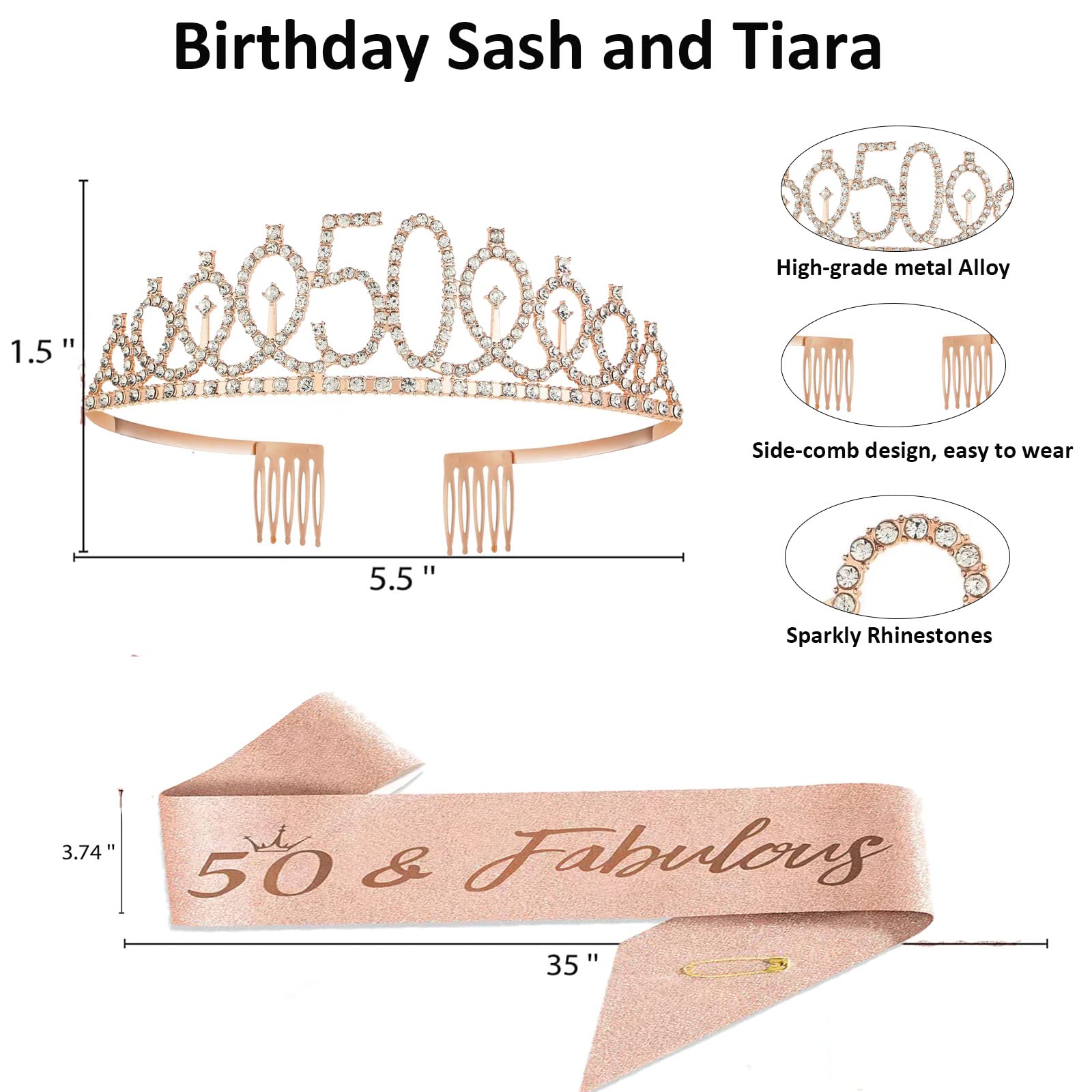 50th Birthday Decorations for Her, Rose Gold 50 and Fabulous Bday Decor for Woman, Happy Birthday Banner, Curtains, tablecloth, Cake Topper, Sash and Crown, Balloons Fifty Year Old Party