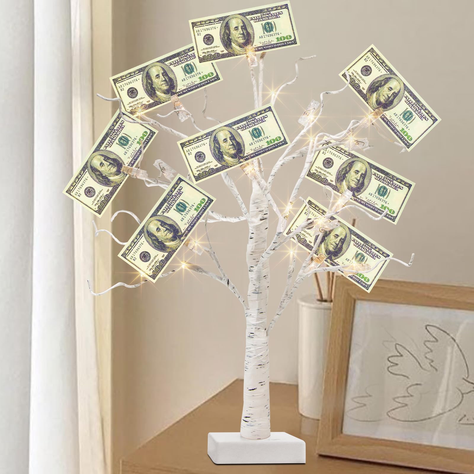 PEIDUO Money Tree, 22 Inch Gift Card Tree Holder with 6 Clips and 6 Greeting Cards, 24 Warm White Birch Tree with Lights, Christmas Tree Card Holder for Birthday Wedding Indoor Xmas Decorations