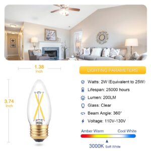 B11 E26 Candelabra LED Bulbs 25 Watt Equivalent, Dimmable LED Chandelier Light Bulbs, Soft White 3000K, 2W 200LM, Decorative Candle Filament Bulb for Ceiling Fan Pandent Lights, 3-Pack