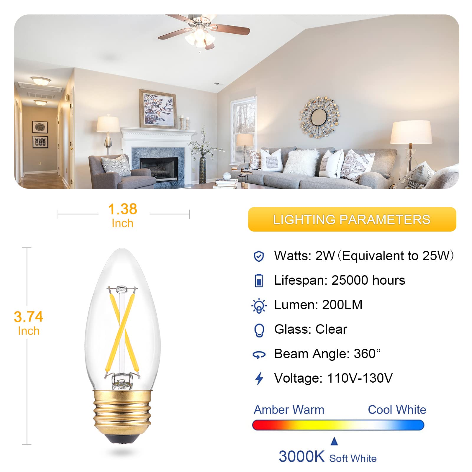 B11 E26 Candelabra LED Bulbs 25 Watt Equivalent, Dimmable LED Chandelier Light Bulbs, Soft White 3000K, 2W 200LM, Decorative Candle Filament Bulb for Ceiling Fan Pandent Lights, 3-Pack