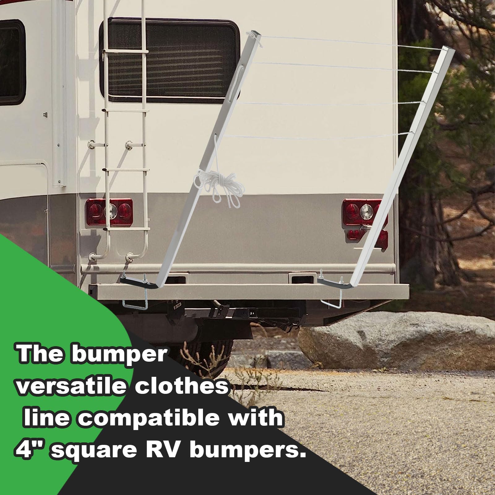 KUAFU RV Clothes Drying Rack Bumper-Mounted Clothesline Compatible with 4" Square RV Bumpers Versatile Clothes Line Aluminum Powder Coated Silvery